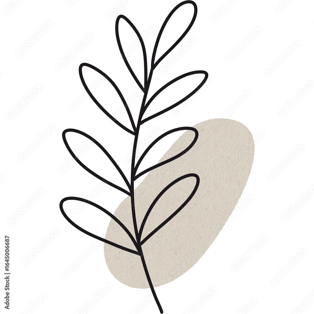 Obraz premium Minimalist botanical line art with beige abstract shape, simple elegant natural design