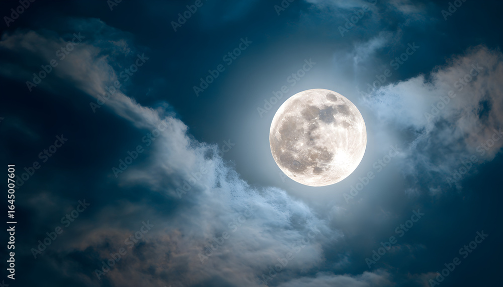 Full moon glowing in the night sky with wispy clouds Full moon glowing in the night sky with wispy clouds