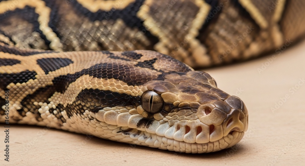 Obraz premium Closeup portrait of a python snakes head showing intricate scale patterns and piercing eye, highlighting its wild nature and reptilian beauty