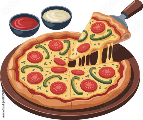 Fresh Vegetable Pizza with Tomato and Bell Pepper Toppings, Served with Dipping Sauces