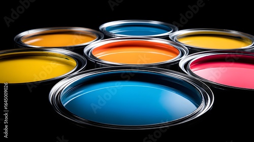 Colorful paint cans arranged on a dark background.