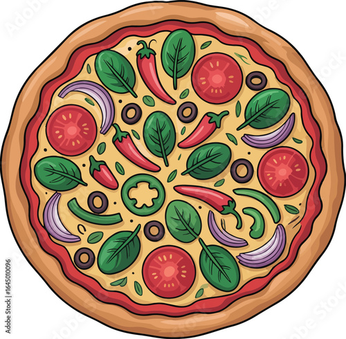 Colorful Veggie Pizza with Fresh Spinach, Tomatoes, Olives, and Red Onions