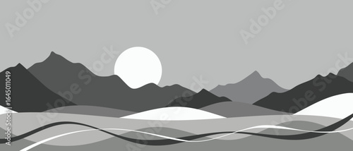 Minimalistic stylized landscape, mountain sunrise and sun, black and white, vector illustration, panoramic view