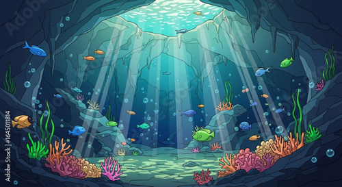Underwater scene with various colorful fish swimming among coral reefs, illuminated by sun rays penetrating the water from above a cave opening.