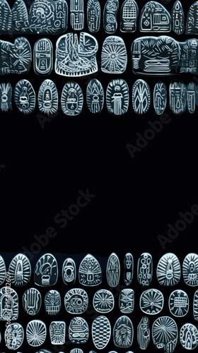 Ancient glyph patterns featuring intricate symbols and designs on a dark background in a mystical style