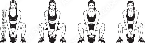 woman performing kettlebell sumo deadlift exercise with correct posture, ideal for fitness, training, and workout illustrations