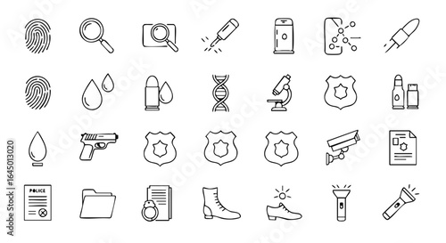 Forensic investigation thin line black and white vector icon set