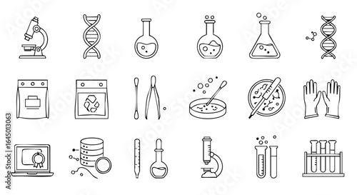 Forensic lab tools thin line black and white vector icon pack,