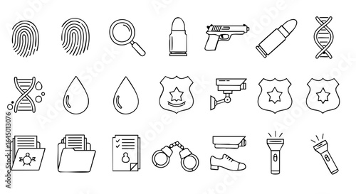 Forensic investigation thin line black and white vector icon set