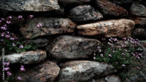 Close-up of a stone wall with small purple flowers