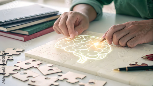Mental health awareness in work with cognitive function concept. close up of hands assembling a glowing brain puzzle