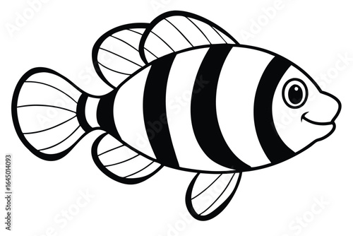 Striped fish with an adorable smile swimming calmly on a white background