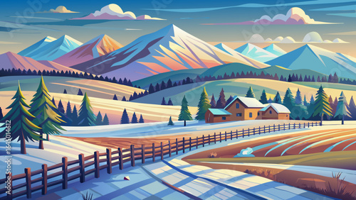 Fresh snow blankets rolling farmland, where a wooden fence traces gentle lines toward distant foothills, and mountains shimmer under Springfield’s crisp Canterbury morning light, painting a serene win