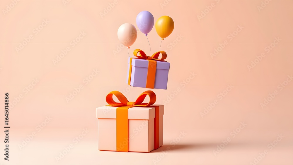 Fototapeta premium Pastel Gift Boxes with Balloons; Festive 3D Render; Joyful Celebration