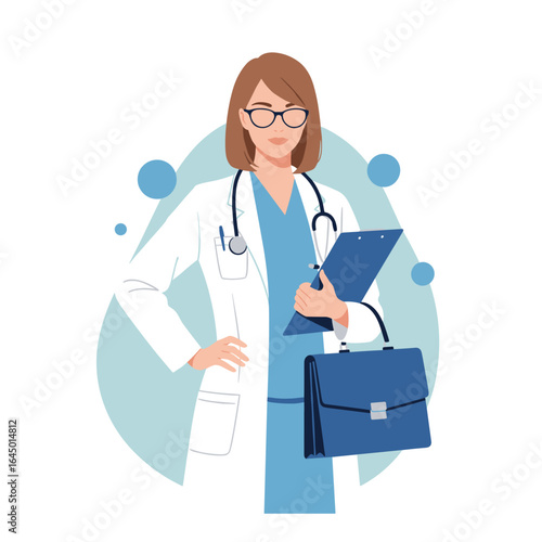 Professional female doctor holding a clipboard and medical bag ready for patient care