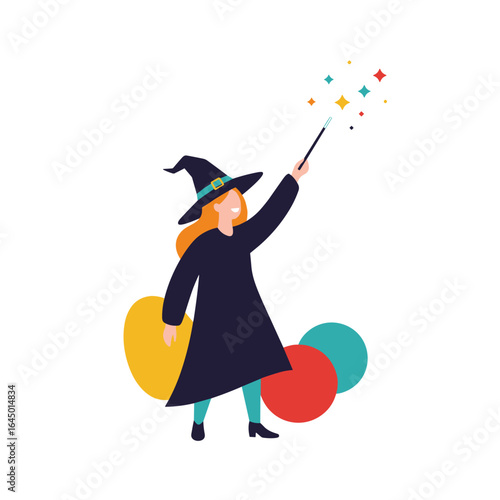 A young witch with a wand conjures colorful sparkles and magical illusions above her head with a smile