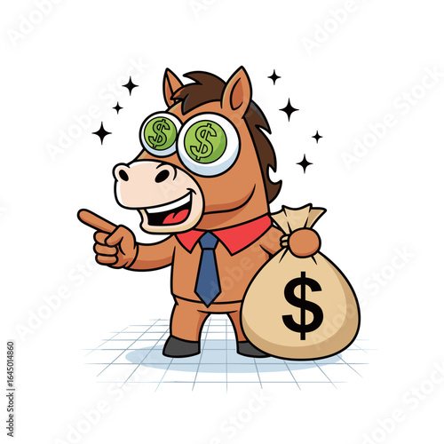 Successful businessman horse eagerly points towards a bright future holding a bag of money