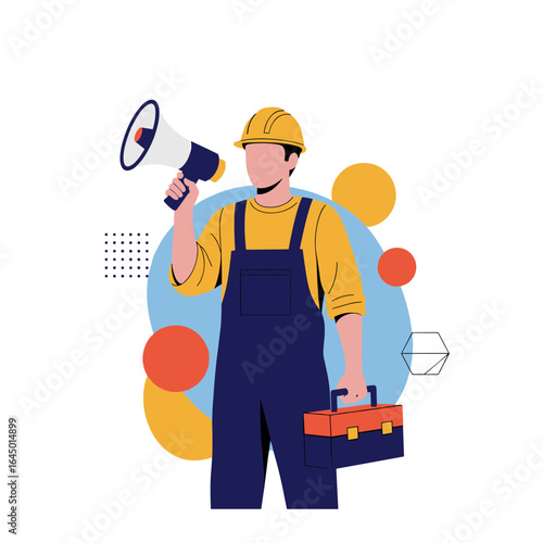 Construction worker with megaphone announces safety instructions and carries toolbox on site with abstract shapes