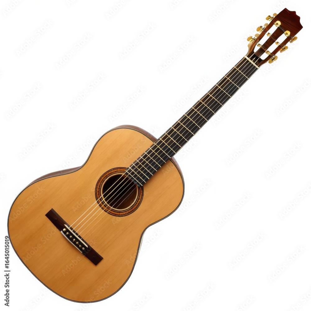 Obraz premium Acoustic Guitar with Wooden Body and Golden Tuners isolated on White Background