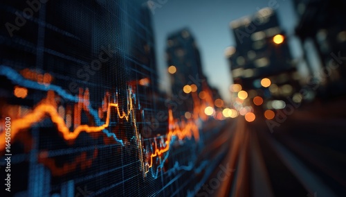 A nighttime cityscape blurred in the background, overlaid by a glowing, dynamic stock market graph displayed on a screen in the foreground