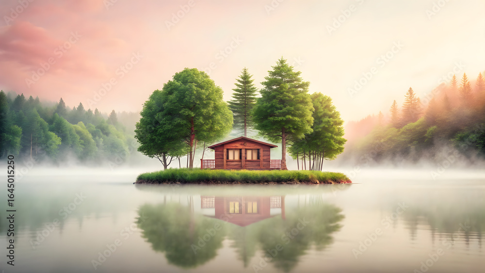 Fototapeta premium Mental health awareness in work with cognitive function concept. floating island with a tiny home representing a peaceful atmosphere.
