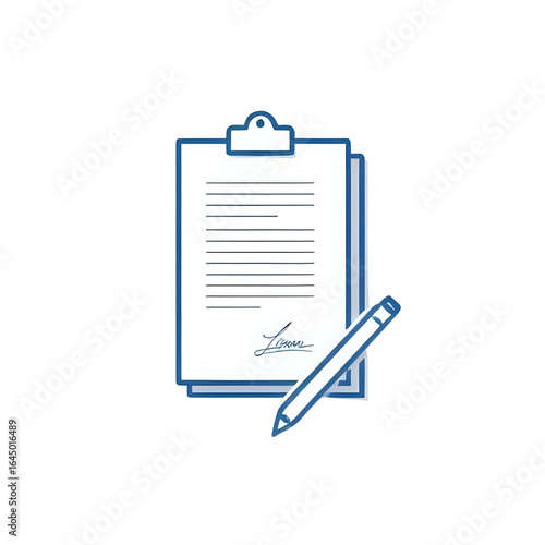 A clipboard with a document, signature, and a pencil. Represents legal contracts, business agreements, official documents, and form signing concepts.
