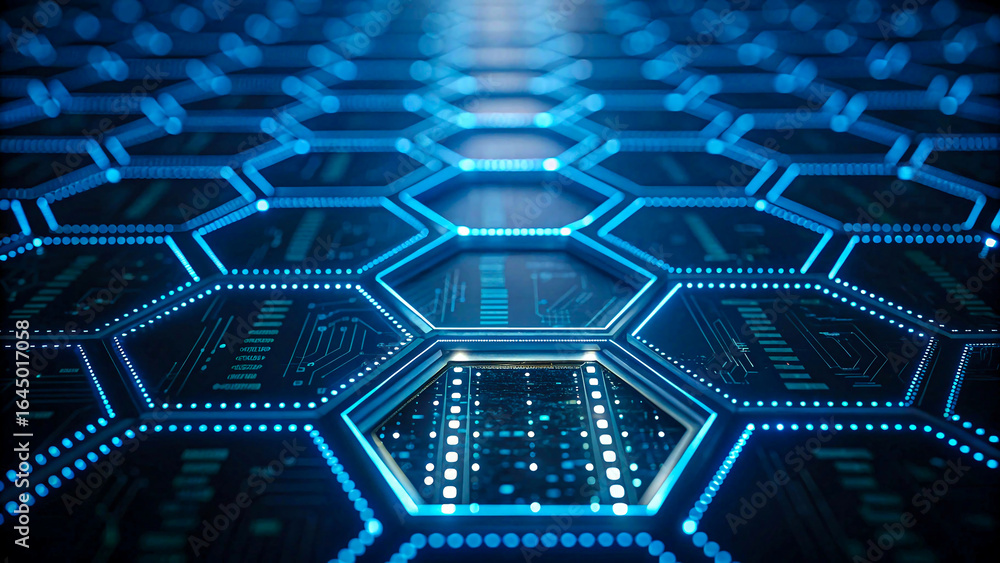 Fototapeta premium Stunning digital network of glowing blue hexagons and circuits representing futuristic technology and data flow.