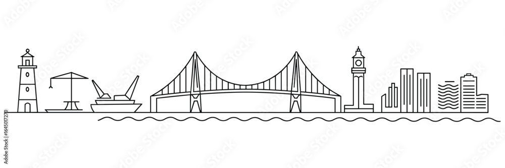 Fototapeta premium Coastal City Skyline with Lighthouse Bridge and Harbor Crane cityscape urban