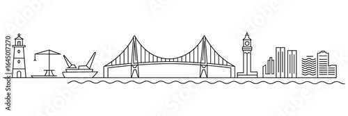 Coastal City Skyline with Lighthouse Bridge and Harbor Crane cityscape urban