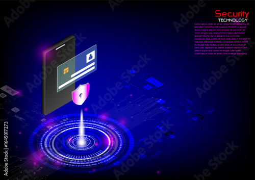 Security technology concept with smart phone to shoping daily life by credit card in the most efficient .sometric illustration with visual interface for gobal network