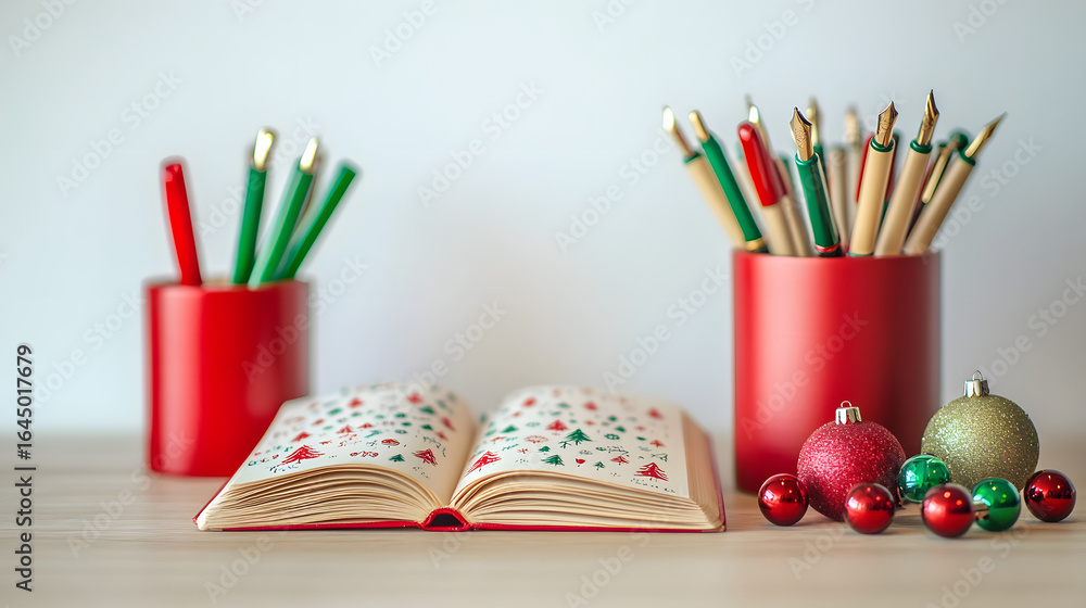Fototapeta premium Christmas-themed desk setup with colorful pens, an open notebook, and festive ornaments