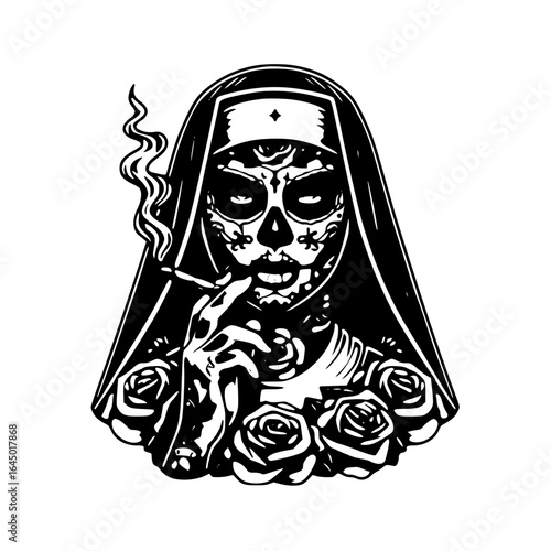 Skeleton nun with sugar skull makeup smoking