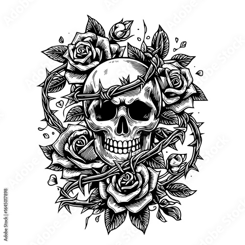 Skull with roses and barbed wire isolated on white
