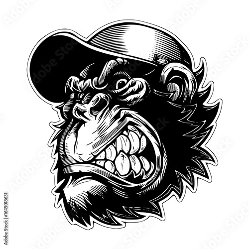 Gorilla wearing baseball cap isolated on white background