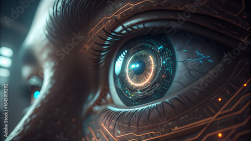 Cybernetic Gaze: A captivating close-up reveals a futuristic, cybernetic eye, with intricate circuit patterns reflecting technological advancement, artificial intelligence, and the future of vision.