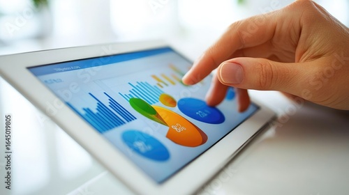 Hands scrolling a tablet filled with pie charts set on a clean white table. Strategic analysis, modern business tools.