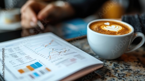 Close-up of hands looking at financial charts on tablet next to coffee cup on marble table. Strategic investment, corporate workflow.