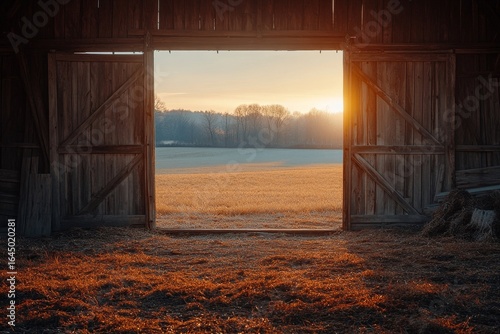 Inside a barn with the door open, looking into the fields at golden hour, capturing a rustic and cozy atmosphere, Generative AI