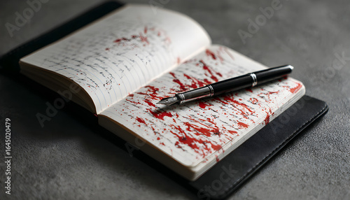 Open notebook with red ink stains and black pen on gray background  