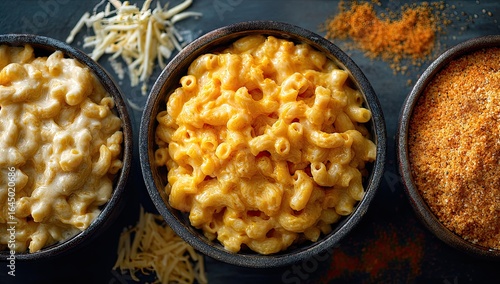 Three dark bowls of mac and cheese, one lighter, one vibrant orange, and shredded cheese and seasoning beside them on a dark surface