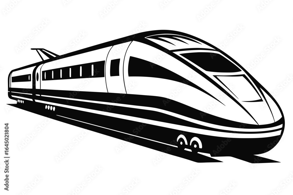 Fototapeta premium Sleek black and white bullet train races forward in dynamic line art style