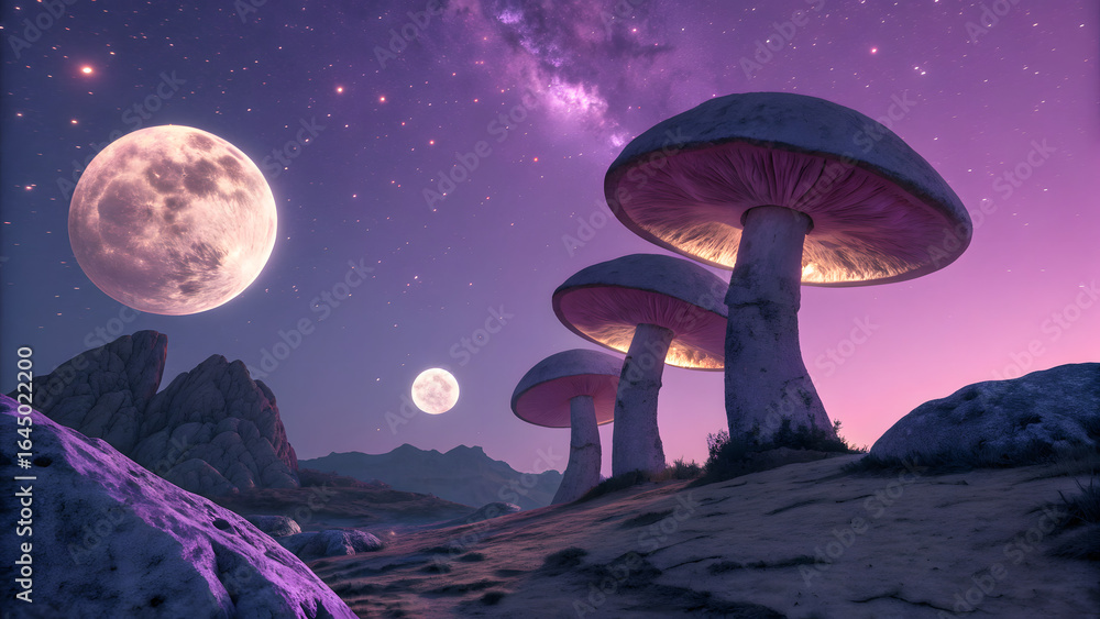 Fototapeta premium Surreal Mushroom Landscape: A captivating digital landscape showcasing surreal giant mushrooms against the backdrop of a mesmerizing night sky, illuminated by the full moon and stars.