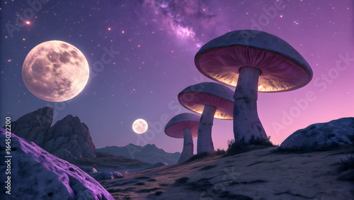 Surreal Mushroom Landscape: A captivating digital landscape showcasing surreal giant mushrooms against the backdrop of a mesmerizing night sky, illuminated by the full moon and stars.
