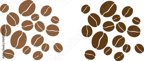 A scattering of coffee beans in two distinct groupings on white space