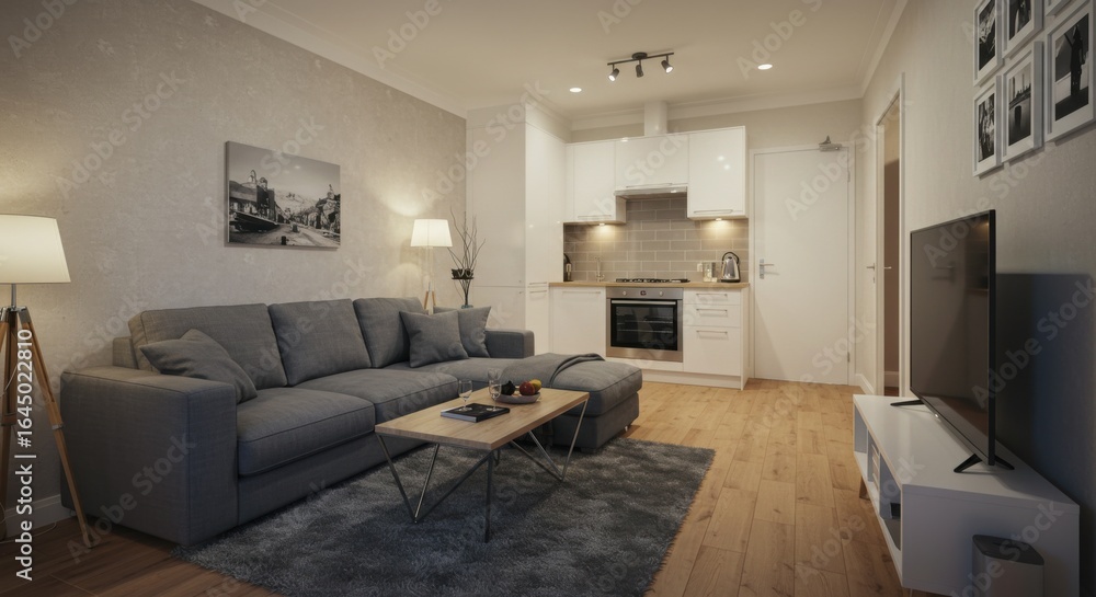 Fototapeta premium Compact Modern Apartment with Cozy Lighting