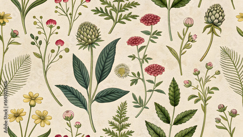 Botanical Harmony: A delightful illustrated pattern showcasing a vibrant assortment of delicate flowers and verdant leaves, arranged in a seamless composition.