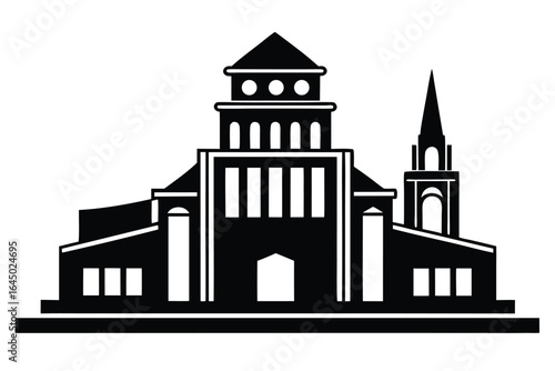 Silhouette of an architectural structure showcasing a building with tower and detailed design on white