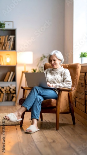 Senior woman comfortably seated in an armchair using a laptop