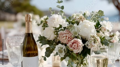 romantic wedding reception table, soft pastel colors, bottle of champagne with a blank white label in an ice bucket