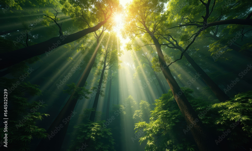 Obraz premium Sunlight Rays Through Lush Green Forest Canopy